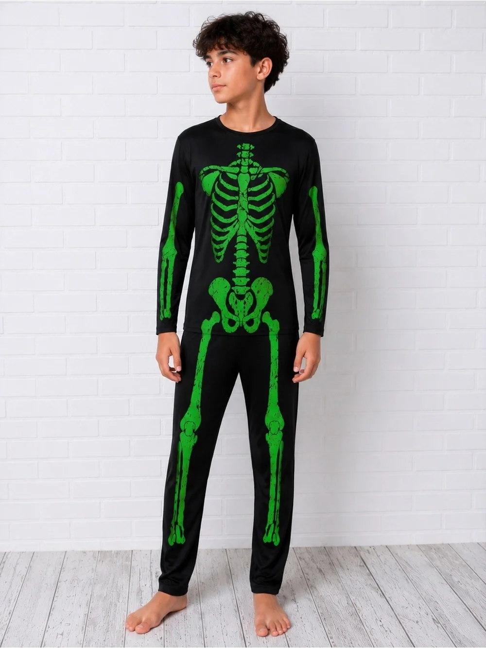 Boys Skeleton Costume Jumpsuit Black & Neon Green Halloween One Piece Size L/XL
